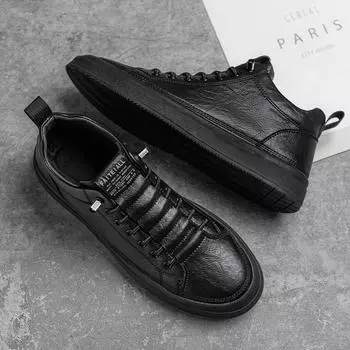Новые классические мужские повседневные туфли, модные высокие туфли для скейтбординга, роскошные брендовые зимние кожаные кроссовки, удобные мужские ботильоны 39 чёрный