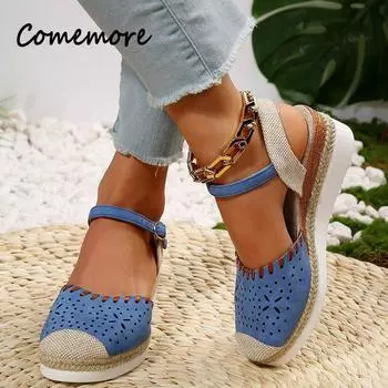 Новые классические сандалии для женщин, эспадрильи с открытым носком, ремешок на щиколотке, туфли на танкетке, большие размеры, сандалии на платформе для отдыха на открытом воздухе 37 чёрный