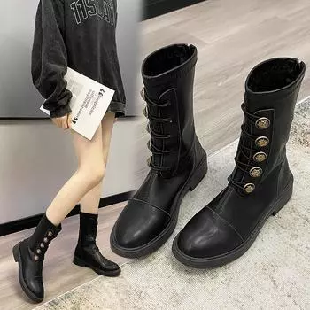 Новые классные сапоги до середины голени женские осенне-зимние модные металлические кнопки Botas Mujer сапоги красивые туфли на платформе и каблуке для женщин 35 бежевый