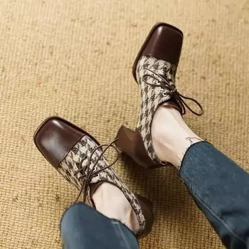 Новые клетчатые ботильоны женские туфли на высоком каблуке на шнуровке голые костюмные твидовые зимние осенние квадратные ботинки женские 35