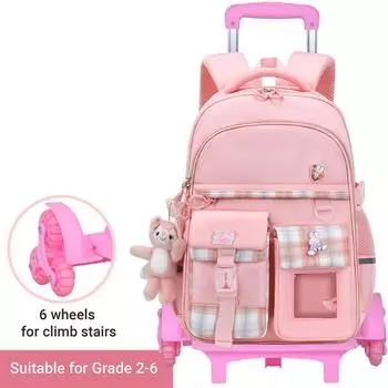 Новые клетчатые детские сумки на колесиках для учеников начальной школы, школьные сумки для девочек, сумки на колесиках для девочек 3-6 классов, большая вместимость, ультра