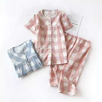 Новые клетчатые пижамы женские весенне-летние тонкие укороченные брюки с короткими рукавами хлопковый костюм из двух предметов для женщин M