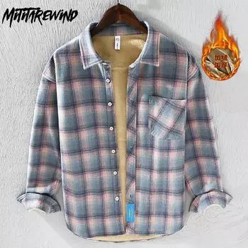 Новые клетчатые рубашки для мужчин, зимние теплые повседневные рубашки, хлопковая флисовая рубашка с лацканами и карманами, толстые свободные топы, модные мужские рубашки M
