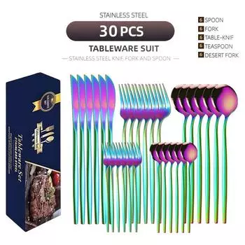 Новые кофейные закуски из нержавеющей стали, фруктовые десертные вилки, ложка, набор кухонных чайных ложек, 30 шт., набор ложек, вилок, палочек для еды с коробкой для хранения 30PCS серебряный