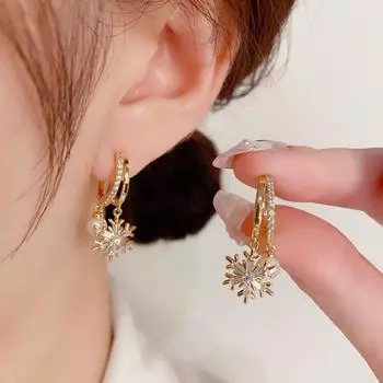 Новые корейские модные серьги-капли с цирконием, снежинкой и имитацией жемчуга для женщин, модные серьги, ювелирные изделия, аксессуары для вечеринок золотой
