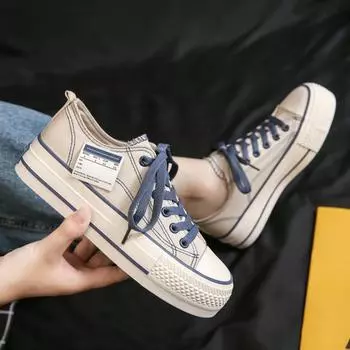 Новые корейские однотонные низкие повседневные парусиновые туфли на платформе для девочек на весну 35 бежевый