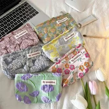 Новые корейские женские косметички с цветочным принтом, косметичка-органайзер, дорожная косметичка для макияжа, холст, косметичка, пенал