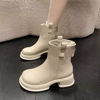 Новые короткие ботинки на толстой подошве с застежкой-молнией сзади 2024 года, тонкие ботинки на осень и зиму, интернет-знаменитости, ботинки Martin, универсальные нескользящие кожаные ботинки для женщин 35