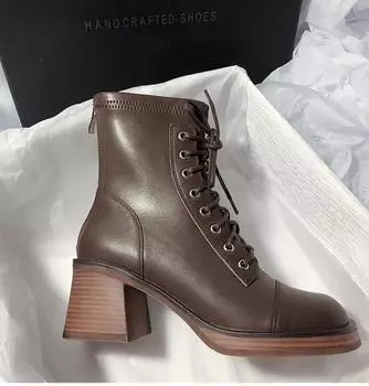 Новые кожаные ботильоны для женщин, ретро-ботинки на шнуровке, высокие каблуки, женские короткие ботинки, обувь с квадратным носком, размеры 34-40 34 чёрный