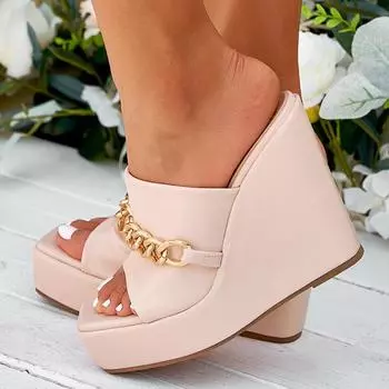 Новые кожаные красные тапочки на танкетке, летние сексуальные сандалии с открытым носком на очень высоком каблуке, модные сандалии с цепочкой 38 красный