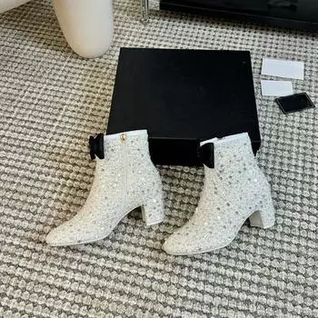 Новые кожаные круглые маленькие ароматные стильные грубые средние каблуки банты блестящие короткие сапоги с боковой молнией элегантные женские сапоги 35 чёрный