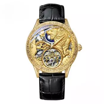 Новые кожаные полностью автоматические механические часы с пряжкой-бабочкой, мужские водонепроницаемые светящиеся золотые часы с тигровым маховиком