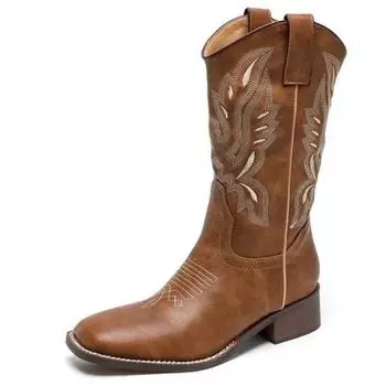 Новые кожаные сапоги в стиле вестерн средней длины с вышивкой, женские рыцарские сапоги с квадратным носком, блочные каблуки, осенне-зимние женские ботильоны D51 37
