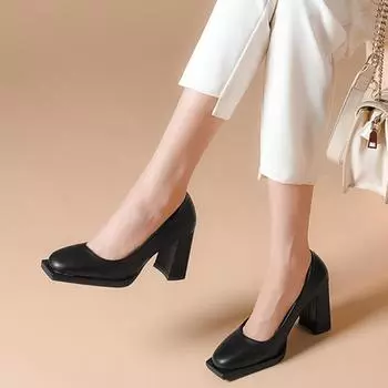 Новые кожаные туфли женские туфли на высоком каблуке для вечеринки и свадьбы туфли с квадратным носком весна-осень зеленые туфли на высоком каблуке Zapatos De Mujer размер 34-39 34 чёрный