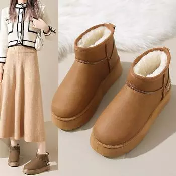 Новые кожаные водонепроницаемые осенне-зимние ботинки на платформе для снегоступов, женская мода, универсальные, с флисовой подкладкой, утолщенные, утепленные, с хлопковой подкладкой 36 чёрный