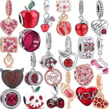 Новые красные стильные бусины в форме сердца с яблоком и паве, сверкающие цирконовые бусины, подходят для оригинального браслета-подвески S925, однотонные серебряные женские украшения