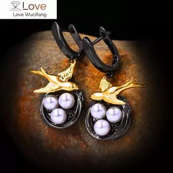 Новые креативные серьги с жемчугом в виде птицы, двухцветные женские серьги из серебра 925 пробы, ювелирные изделия высокого класса из черного золота
