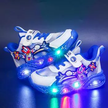 Новые кроссовки для мальчиков с героями мультфильмов, детская спортивная обувь со светодиодной подсветкой и сеткой, повседневная светящаяся обувь, размер 22-33 23 красный