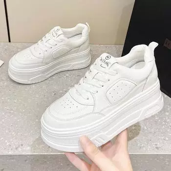 новые круглые толстые подошвы с внутренней стороны увеличивают высоту кожаные весенние и летние маленькие белые туфли женские универсальные спортивные туфли-буфы повседневная обувь 34 белый