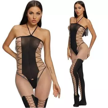 Новые кружевные бретельки через шею Bobysuit Горячие сексуальные нижнее белье Teddies открытые промежности эластичные чулки порно женское нижнее белье сексуальный костюм within 68kg