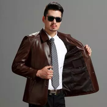 Новые куртки из натуральной кожи, мужские короткие кожаные куртки с лацканами, для людей среднего и пожилого возраста, весенние и осенние куртки для пап, плюс бархат и утолщение M
