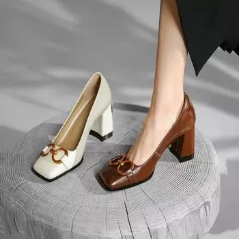 Новые квадратные носки на высоком каблуке женские туфли ретро коричневые женские туфли темперамент толстый каблук одинарные туфли женские офисные туфли 34 белый