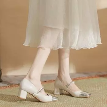 Новые квадратные носки, женские туфли в тон цвета, туфли Мэри Джейн с одним ремешком на толстом каблуке в стиле колледжа 34 белый