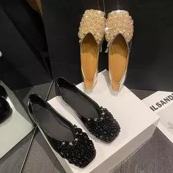 Новые квадратные женские туфли на плоской подошве со стразами, весенне-осенние заклепки, классические женские туфли на плоской подошве, женские балетки, мягкие туфли-лодочки 35 чёрный