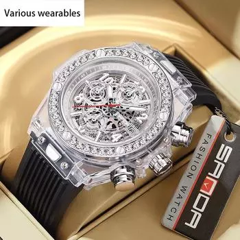 Новые кварцевые часы, модные трендовые мужские часы с календарем, светящиеся часы с перспективным окошком