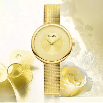 Новые кварцевые часы женские простые часы повседневные деловые золотые часы модные круглые часы SMAEL Brand водонепроницаемые часы чёрный