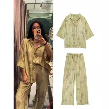 Новые льняные комплекты длинных брюк с принтом тай-дай для женщин, однобортные рубашки с лацканами и половиной рукава, широкие брюки с завязками, комплект из 2 предметов XS