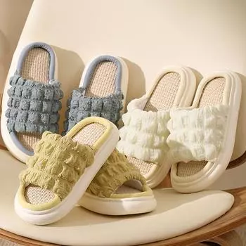 Новые льняные женские тапочки, общие сезонные домашние тапочки из хлопка и льна, пара нескользящих бесшумных туфлей на толстой подошве 38-39 зелёный