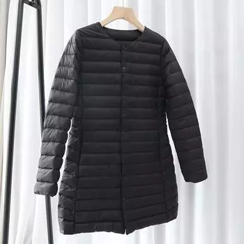 новые легкие и тонкие пуховики средние и длинные женские легкие и тонкие белые утиные пуховые тонкие подкладки пальто большого размера L чёрный