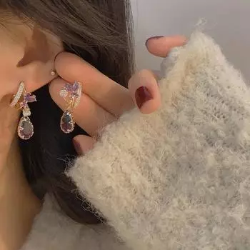 Новые легкие роскошные фиолетовые серьги-капельки, модный нишевый дизайн с бриллиантовыми серьгами-бабочками для женщин