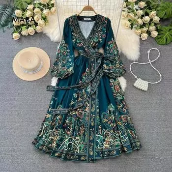 Новые легкие роскошные зеленые платья с цветочным запахом, женские винтажные длинные платья с v-образным вырезом и рукавами-фонариками, высокой талией на шнуровке S зелёный
