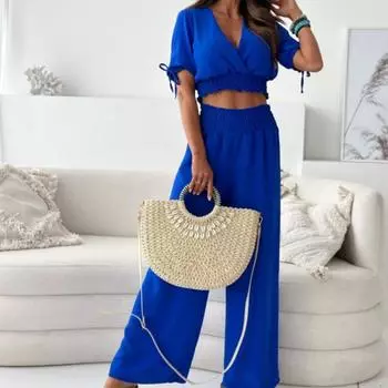 Новые летние элегантные однотонные свободные повседневные брючные костюмы, женские модные облегающие простые комплекты из двух предметов, женские офисные женские наряды с высокой талией, комплект из 2 предметов 26093 S белый