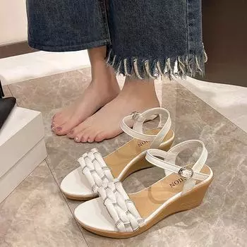 Новые летние элегантные повседневные однотонные сандалии на танкетке с круглым носком, легкие открытые носки, модные женские туфли на высоком каблуке в римском стиле:5033 36