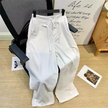Новые летние белые свободные широкие брюки женские повседневные прямые брюки больших размеров женские однотонные элегантные офисные женские брюки на шнурке 24291 S белый