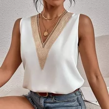 Новые летние блузки без рукавов с V-образным вырезом в стиле пэчворк для женщин, простые модные элегантные свободные рубашки для женщин, винтажные облегающие однотонные женские блузки, топы 26035 S зелёный
