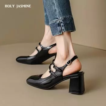 Новые летние босоножки 2024 года, женские туфли на толстом каблуке с круглым носком во французском стиле в стиле ретро, женские туфли с пряжкой на высоком каблуке 6 см, босоножки для вечеринок, обувь для женщин 34 чёрный