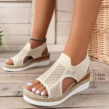 Новые летние босоножки на наклонном каблуке Женские сандалии Flyknit с дышащей сеткой «рыбий рот» 35 чёрный