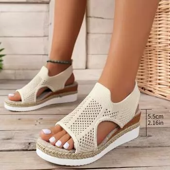 Новые летние босоножки на наклонном каблуке Женские сандалии Flyknit с дышащей сеткой «рыбий рот» 35 коричневый