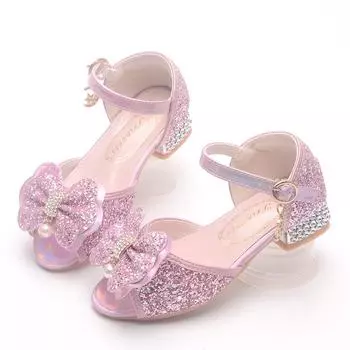 Новые летние босоножки на толстом каблуке для девочек 2024 года: Туфли на высоком каблуке «Рыбий рот принцессы» для детских выступлений. Size 36 / 22.5 cm розовый