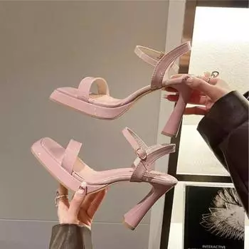 Новые летние босоножки женские с ремешком на щиколотке на каблуке женские модные туфли на платформе с квадратным носком и высоким каблуком женские туфли с пряжкой 34 розовый