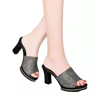 Новые летние босоножки женские сексуальные блестки высокие каблуки 7 см блестящие туфли без застежек женские туфли для вечеринок и клуба туфли тапочки сандалии Mujer 35 чёрный