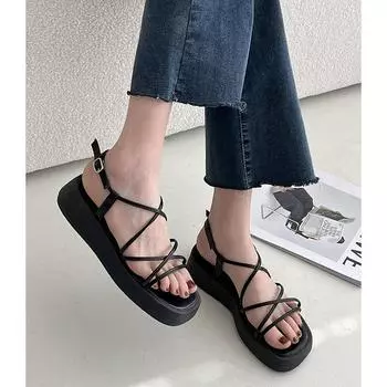 Новые летние брендовые женские сандалии, модные туфли-гладиаторы с узким ремешком, модельные туфли-лодочки на платформе и плоской подошве с открытым носком 35 чёрный