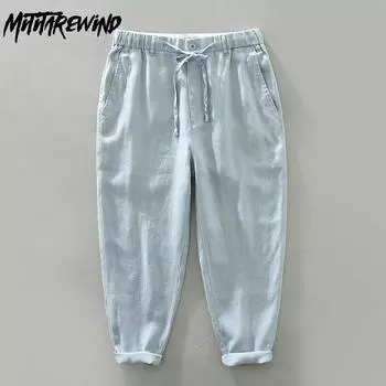 Летние новые брюки из чистого льна для мужчин, повседневные, для бега, мешковатые, с эластичной талией на шнурке, в японском стиле ретро, мужские брюки M льняной