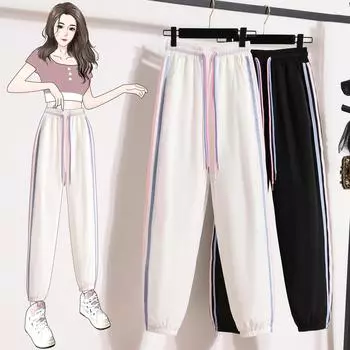 Новые летние цветные полосатые контрастные солнцезащитные быстросохнущие брюки с высокой талией для похудения свободные повседневные спортивные брюки из ледяного шелка S белый