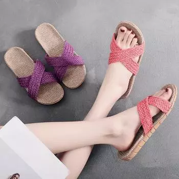 Новые летние домашние дышащие тапочки из хлопка и льна на высоком каблуке 35 красный