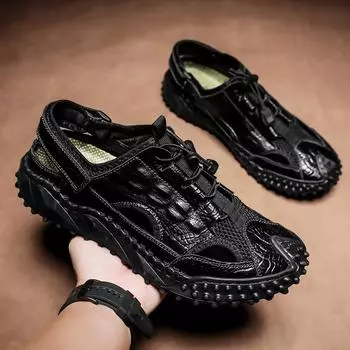 Новые летние дышащие дизайнерские туфли ручной работы без застежек на каждый день для мужчин, толстые подошвы, кроссовки с выемками, легкие уличные туфли на плоской подошве 38 чёрный